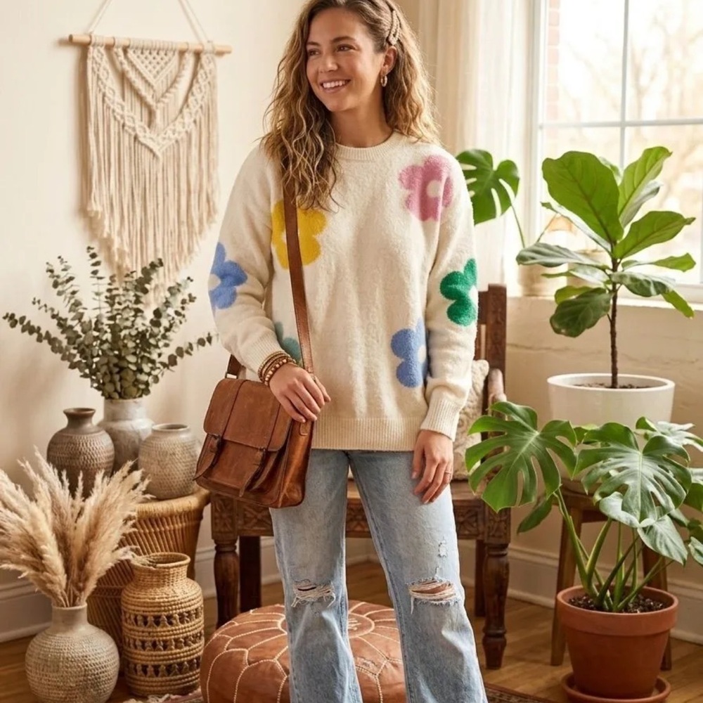 First Love Cream Crewneck Sweater with Pink, Yellow, Blue and Green Flowers